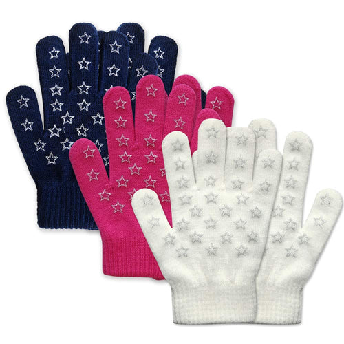 EvridWear Boys Girls Magic Stretch Gripper Gloves 3 Pair Pack Assortment, Kids One Size Winter Warm Gloves Children