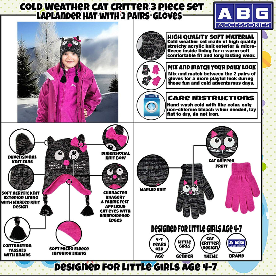 ABG Accessories Assorted Critter Designs Hat and 2 Pair Gloves or Mittens Cold Weather Set, Little Girls Ages 2-7