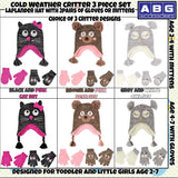 ABG Accessories Assorted Critter Designs Hat and 2 Pair Gloves or Mittens Cold Weather Set, Little Girls Ages 2-7
