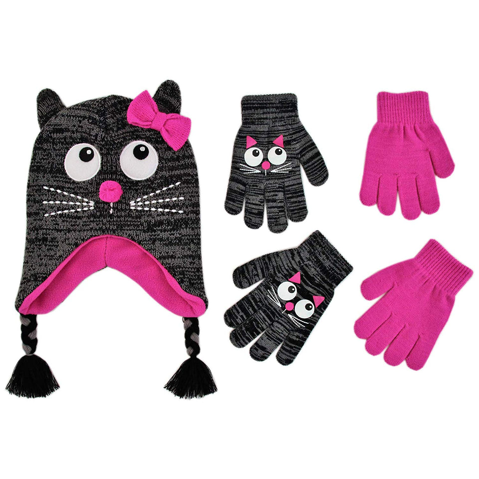 ABG Accessories Assorted Critter Designs Hat and 2 Pair Gloves or Mittens Cold Weather Set, Little Girls Ages 2-7