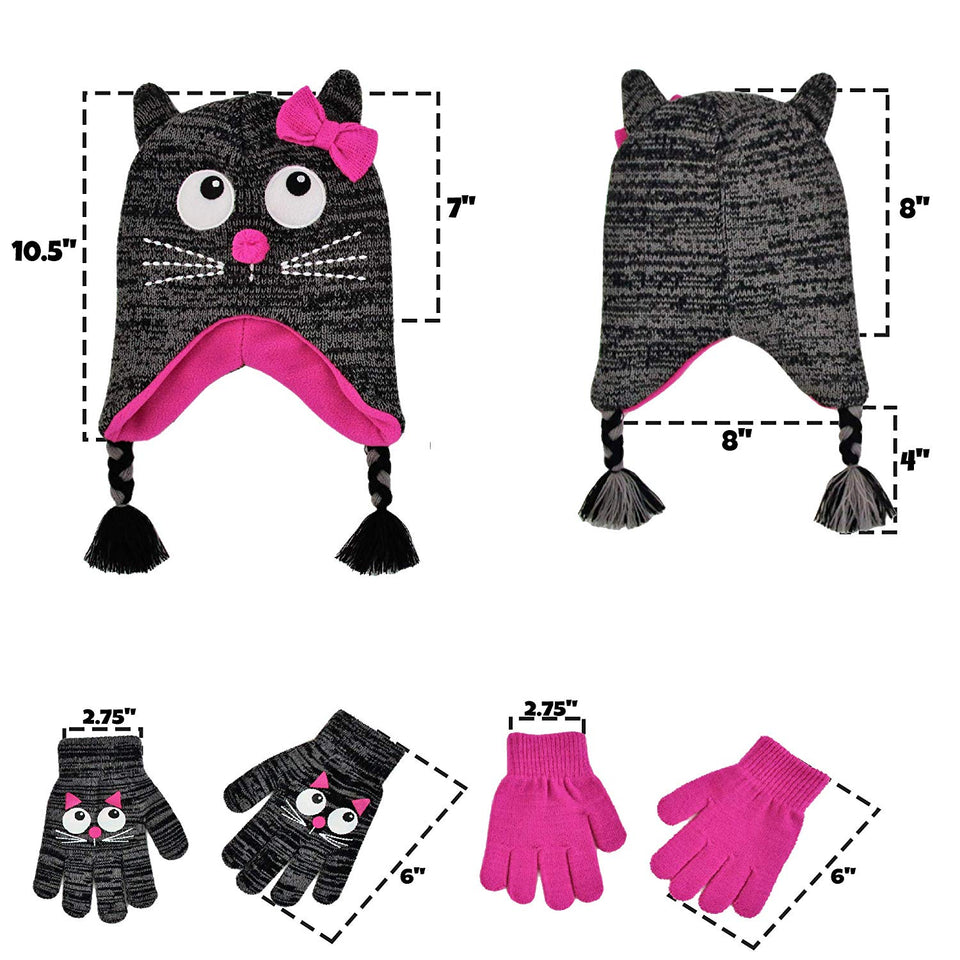 ABG Accessories Assorted Critter Designs Hat and 2 Pair Gloves or Mittens Cold Weather Set, Little Girls Ages 2-7